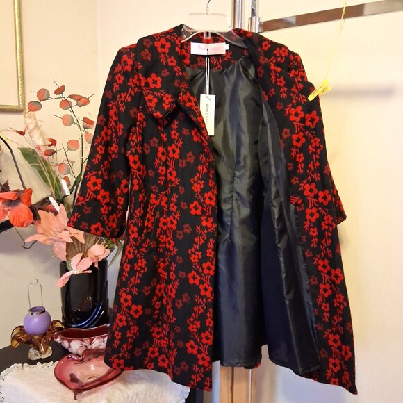 NEW Women’s Elegant Pea Coat Red Black Floral Lined Trench Coat ¾ Sleeve 18 XL - Picture 7 of 10